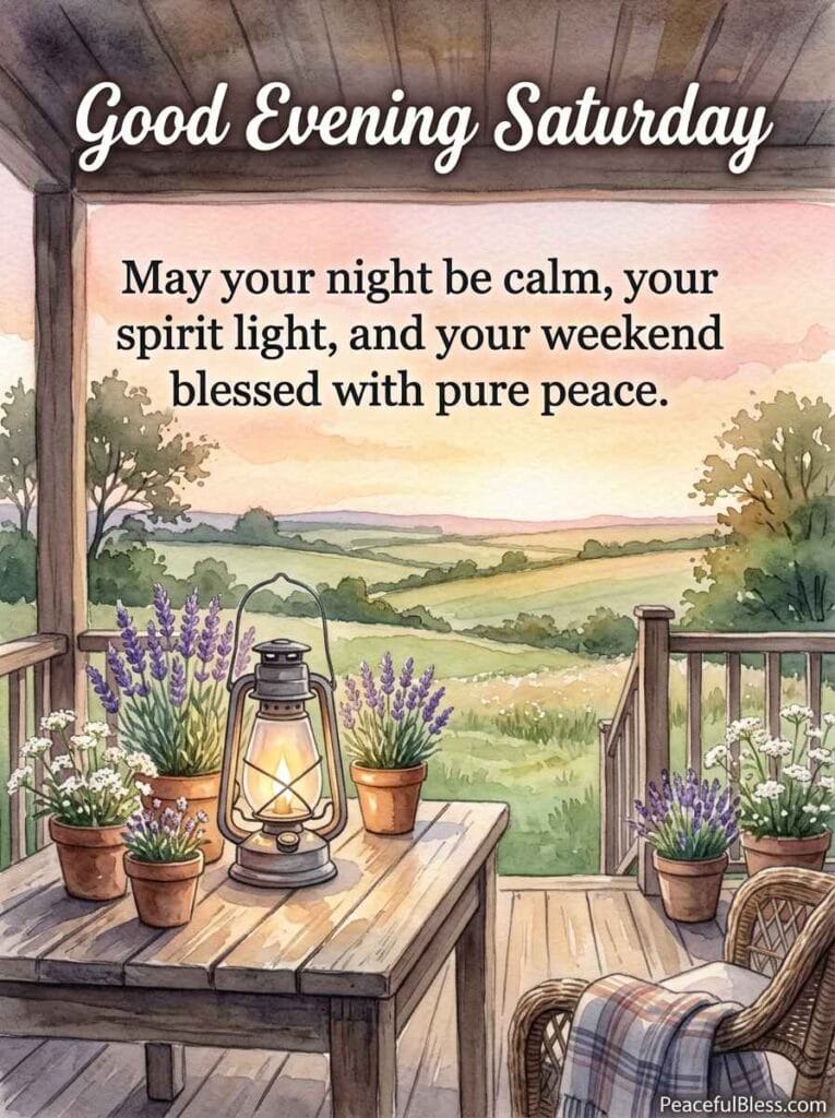 A cheerful watercolor illustration of a rustic wooden porch table set with a glass lantern and purple lavender under a peach twilight sky.