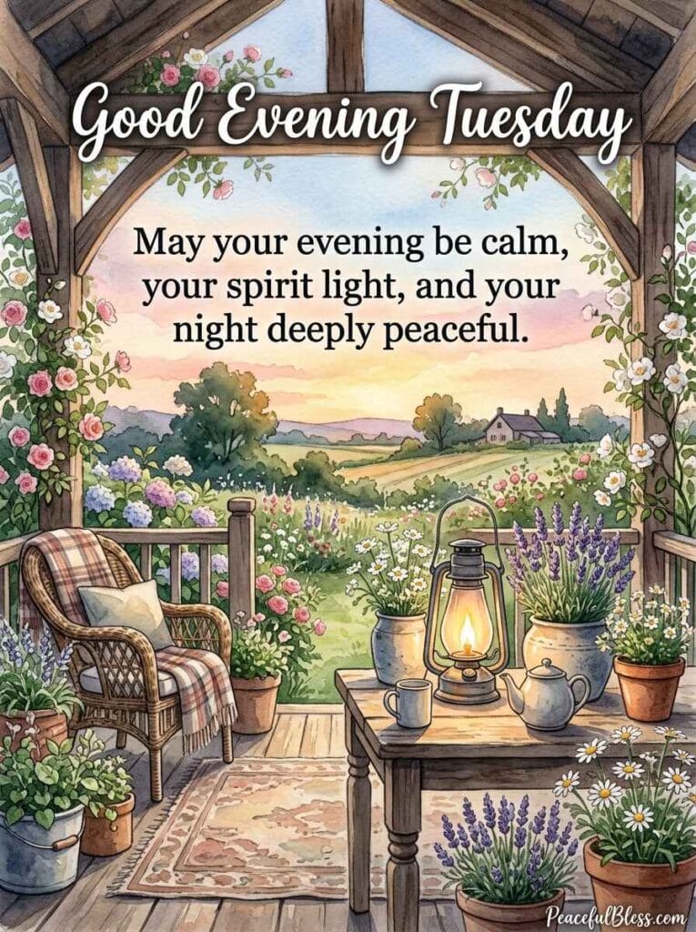 A cheerful watercolor illustration of a rustic wooden porch table set with a glass lantern and purple lavender under a peach twilight sky.