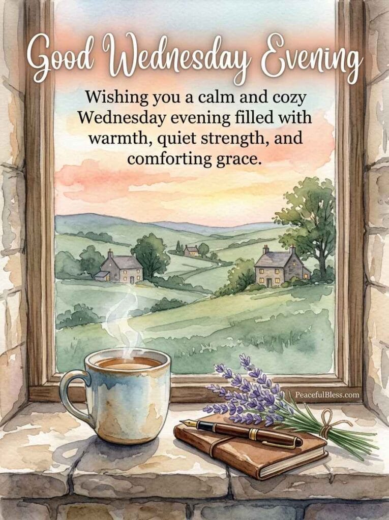 A heartwarming watercolor illustration of a stone window nook looking out over rolling green hills and a lavender garden at Wednesday twilight.