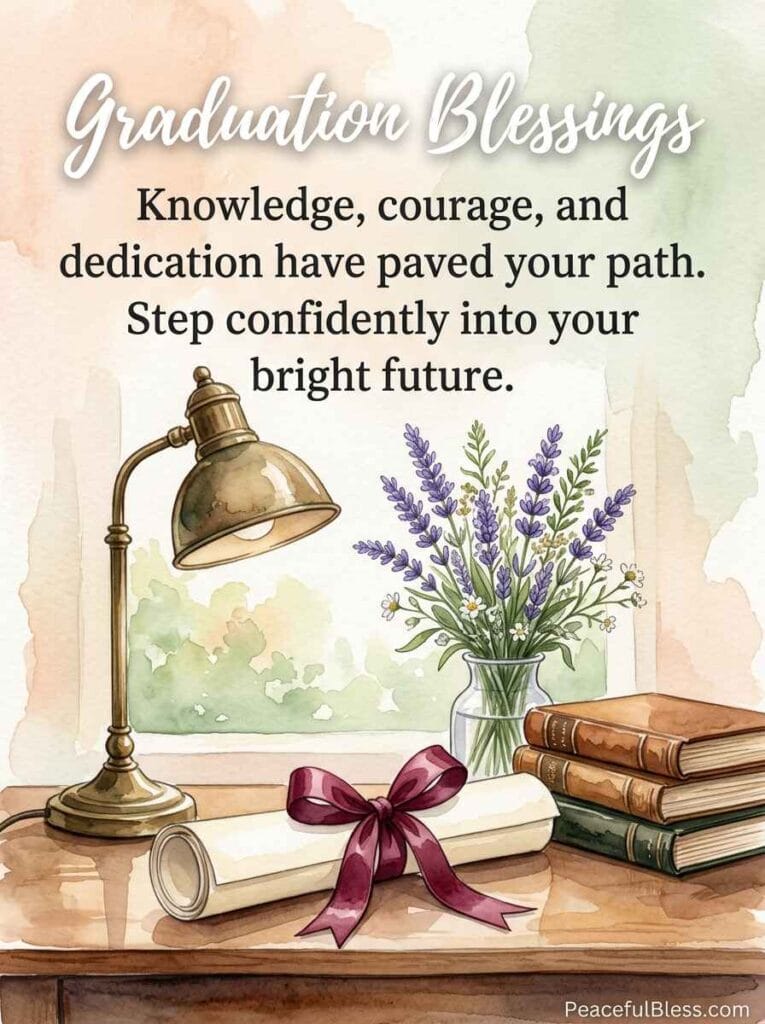 A cozy watercolor illustration of a wooden desk with a diploma tied with a ribbon, stacked books, and lavender.