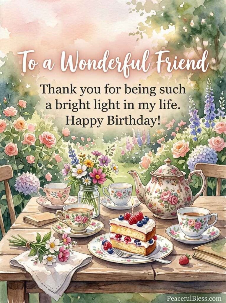 A watercolor garden tea setup with two floral teacups, a teapot, and a slice of birthday cake under warm sunlight.