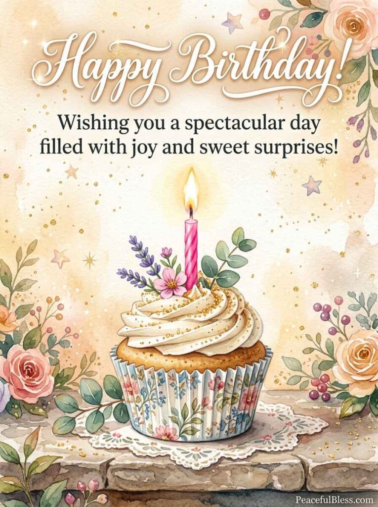 A clean, vibrant watercolor illustration of a single birthday cupcake with a burning pink candle and gold stars.