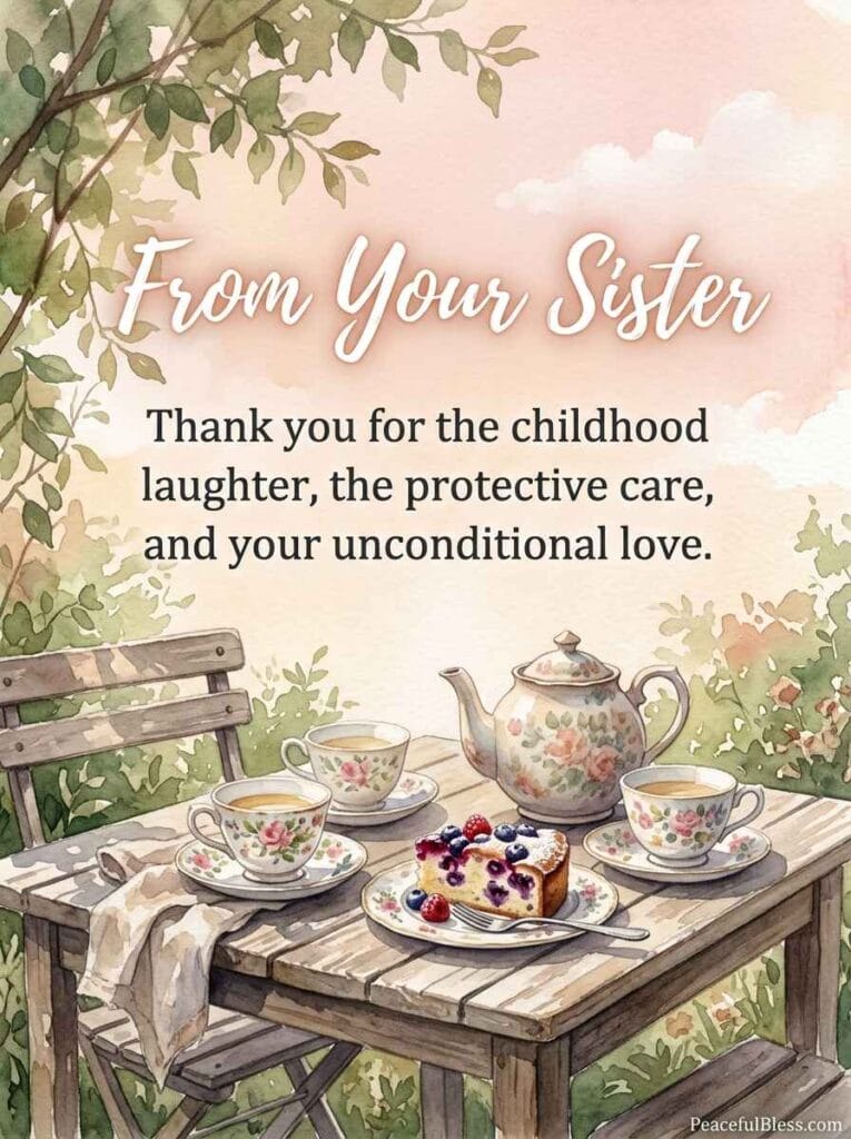 A sweet watercolor scene of a tea table set with floral teacups, cake, and fresh wildflowers under soft afternoon sunlight.