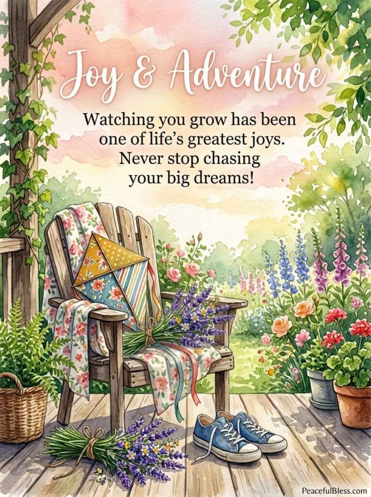 A playful watercolor scene of a wooden porch chair with a kite, a pair of sneakers, and lavender sprigs under bright morning light.