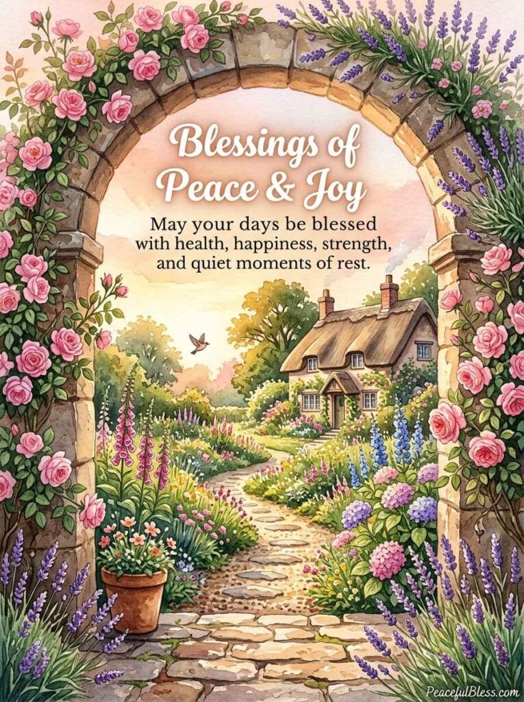 A serene watercolor painting of an open stone garden archway flanked by pink roses and lavender leading to a morning meadow.