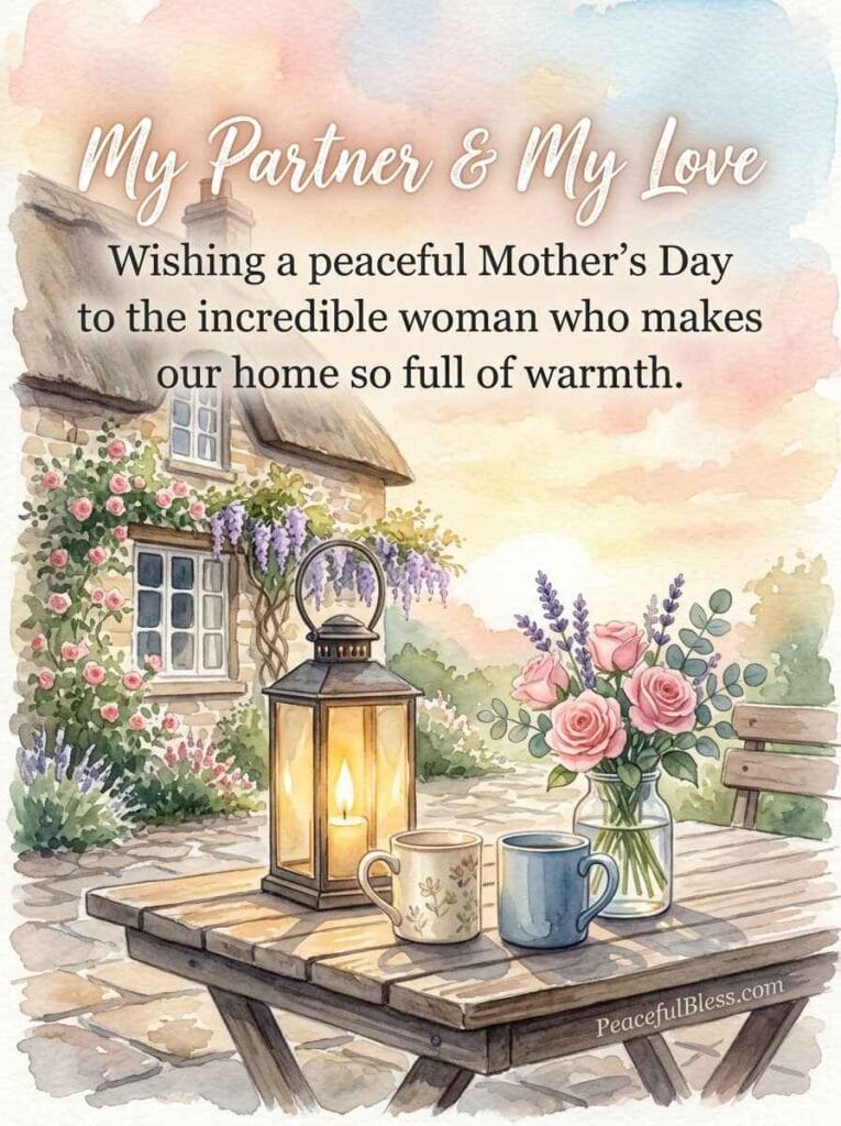 A touching watercolor painting of an adult's teacup sitting beside a smaller child's cup and a vase of flowers on a sunlit table.
