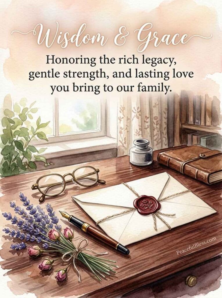 An elegant watercolor painting of a wax-sealed letter lying next to a fountain pen, spectacles, and dried lavender on an oak desk.