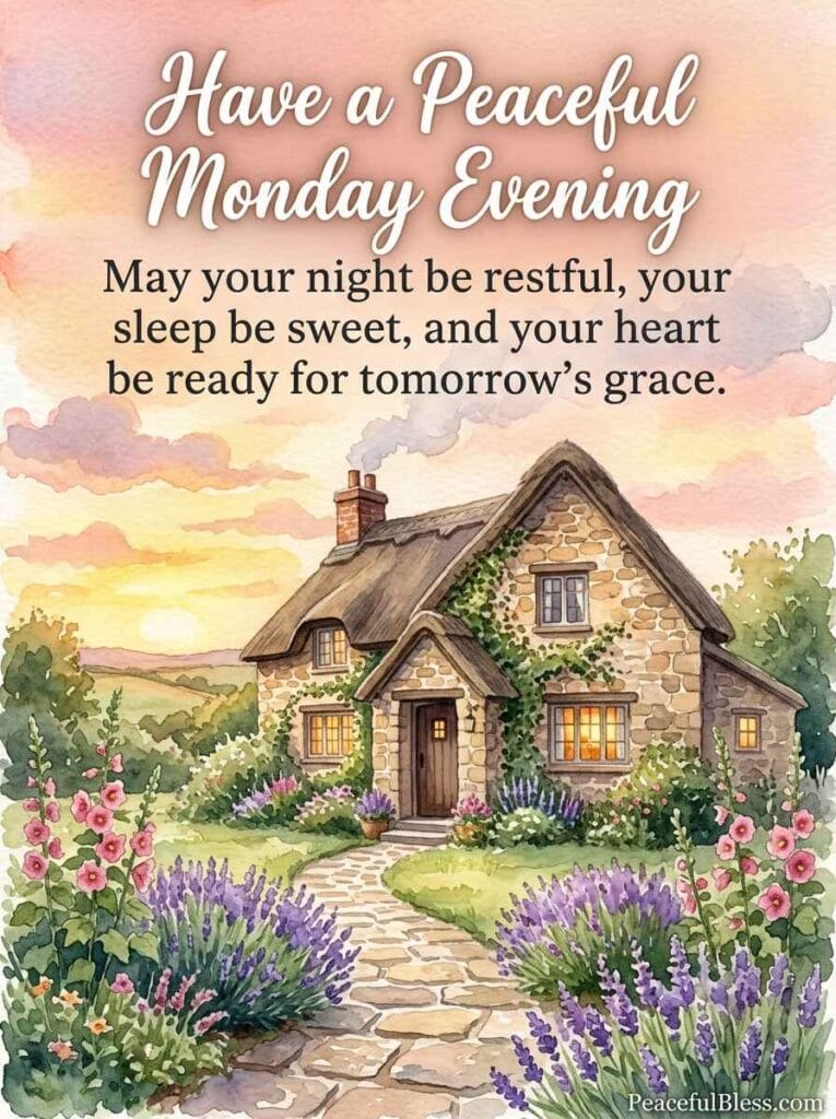 A cozy cottagecore watercolor illustration of a stone cottage at sunset with glowing windows, smoke curling from the chimney, and a lavender-lined path.