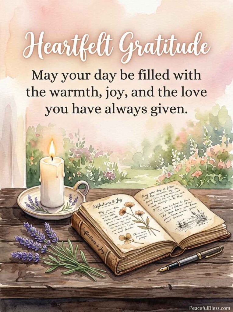 A heartwarming watercolor painting of an open vintage book, a lit candle, and lavender sprigs on an oak table under warm light.