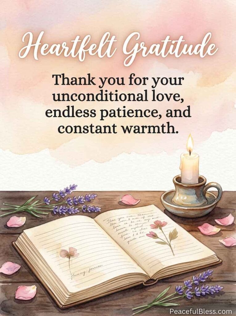 A heartwarming watercolor painting of an open vintage journal, a lit candle, pink rose petals, and lavender on an oak table.