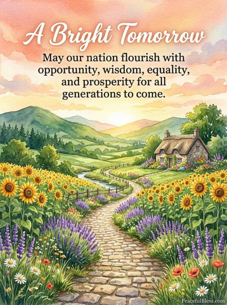 A vibrant watercolor illustration of a winding cobblestone path lined with sunflowers and lavender stretching toward distant mountains.