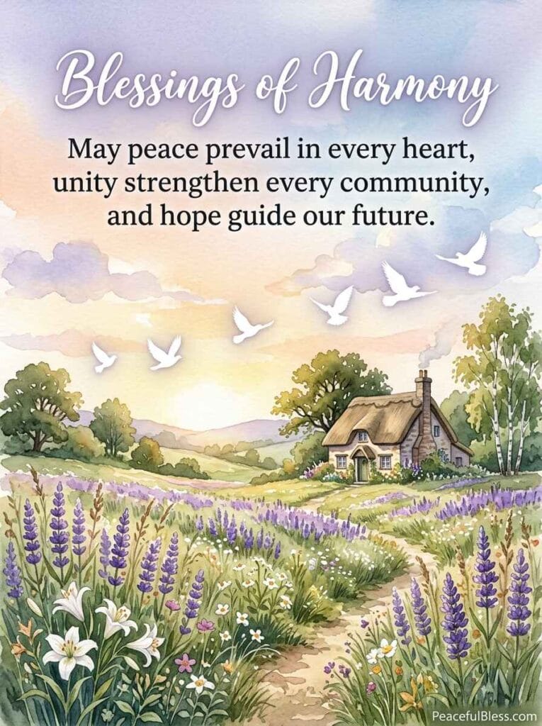 A serene watercolor painting of two dove outlines flying above a field of blooming lavender and white lilies at dawn.