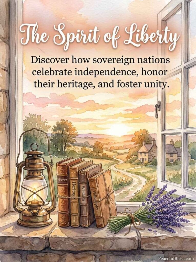 A peaceful watercolor painting of a lighted lantern sitting on stacked leather books next to an open window looking at sunrise.