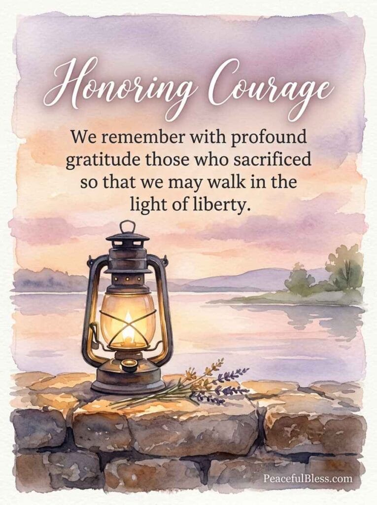 A peaceful watercolor painting of a rustic lighted lantern sitting on a stone wall overlooking a sunset horizon.