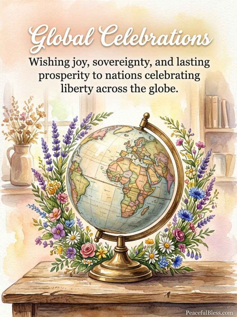 A watercolor illustration of a vintage globe surrounded by colorful wildflowers and lavender on an oak table.