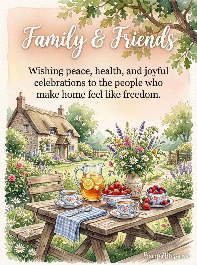 A cozy watercolor illustration of a rustic outdoor picnic table set with teacups, fresh berries, and lavender under soft sunlight.