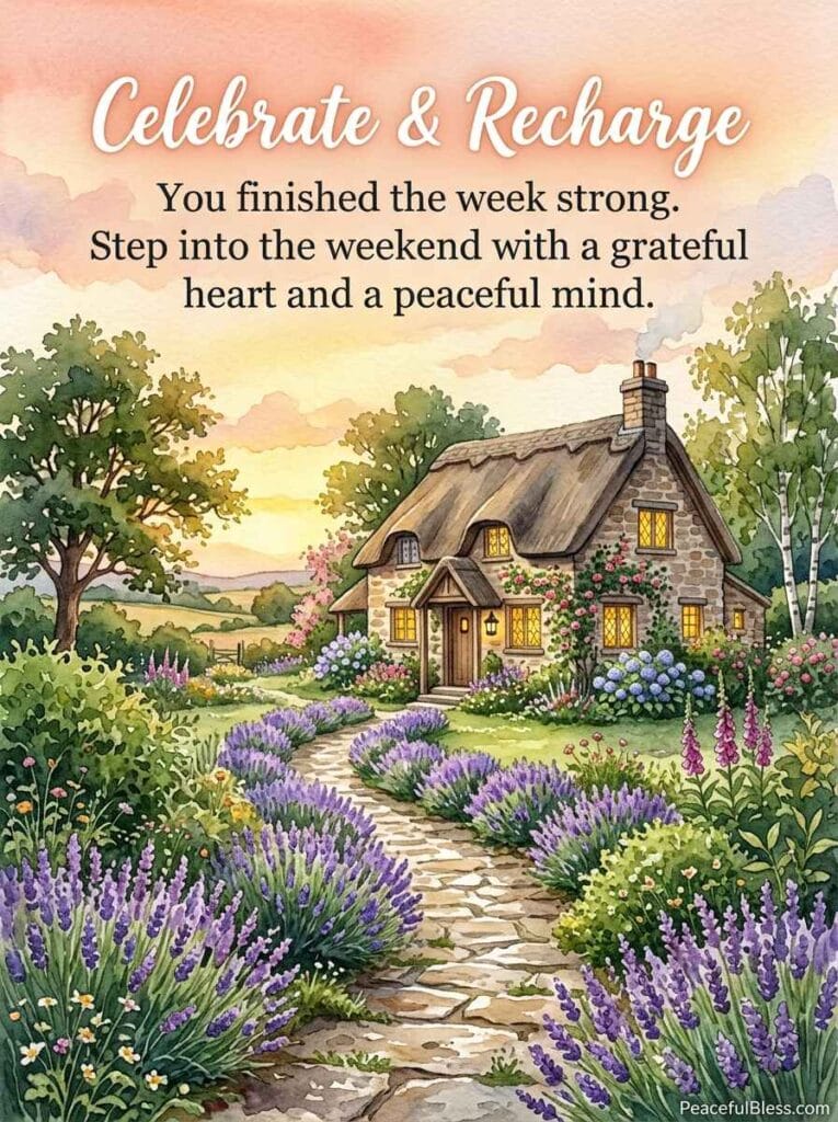 A soothing watercolor image of a stone pathway lined with lavender leading toward a cozy cottage under a golden sunset sky.