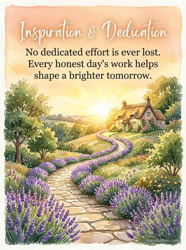 A peaceful watercolor image of a stone pathway lined with blooming lavender and sturdy oak trees leading toward a sunlit hilltop.