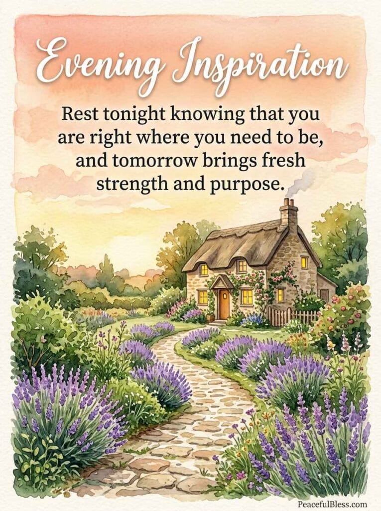A soothing watercolor image of a stone pathway lined with lavender leading toward a cozy cottage under a golden sunset sky.