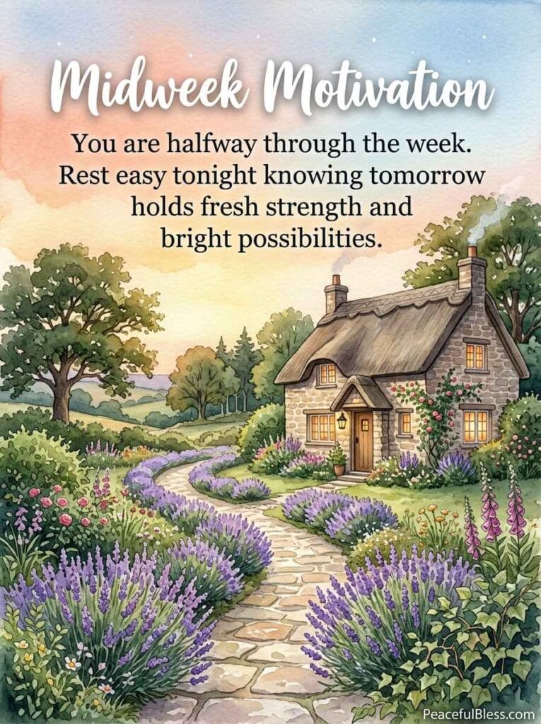 A soothing watercolor image of a stone pathway lined with lavender leading toward a cozy cottage under a golden sunset sky.