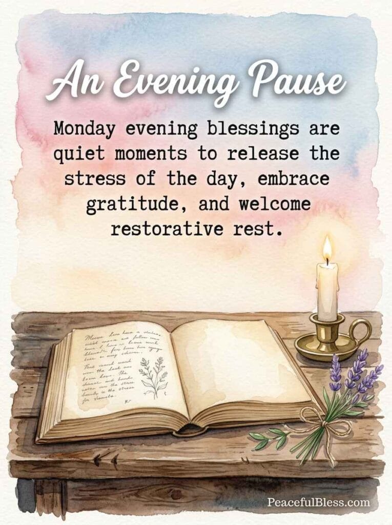 A delicate watercolor painting of an open vintage book, a lit candle, and lavender sprigs under a pastel peach and pink sky.