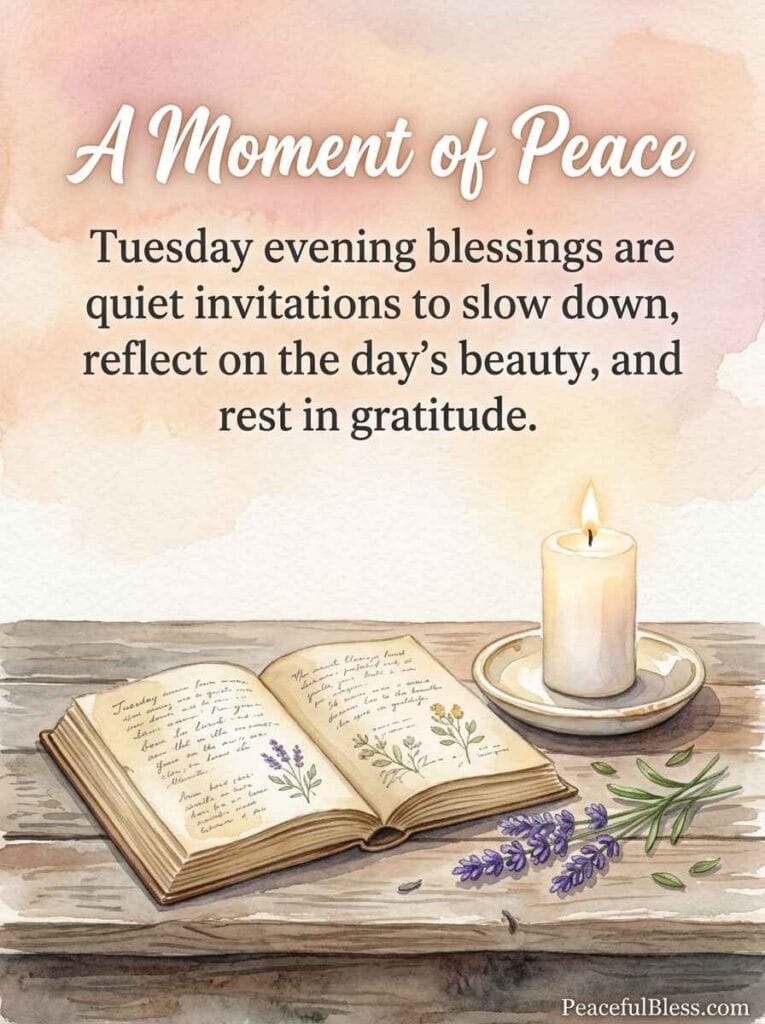 A delicate watercolor painting of an open vintage book, a lit candle, and lavender sprigs on a table under a pastel peach and pink sky.