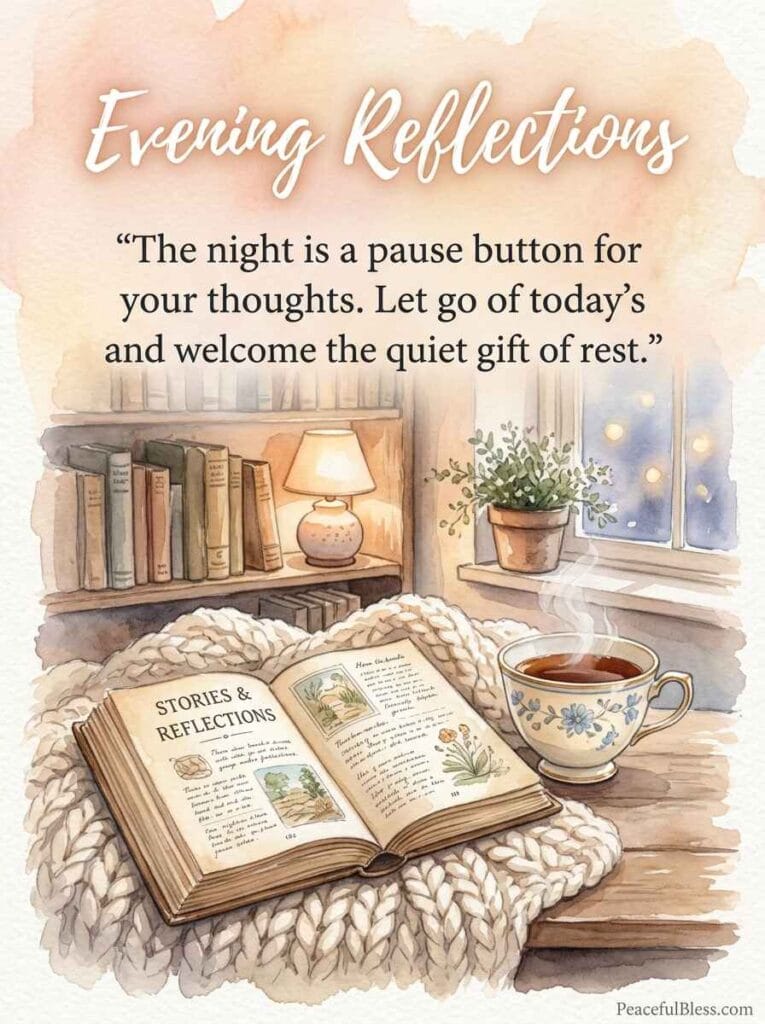 A cozy watercolor illustration of an open vintage book lying next to a warm cup of tea on a soft knitted blanket.