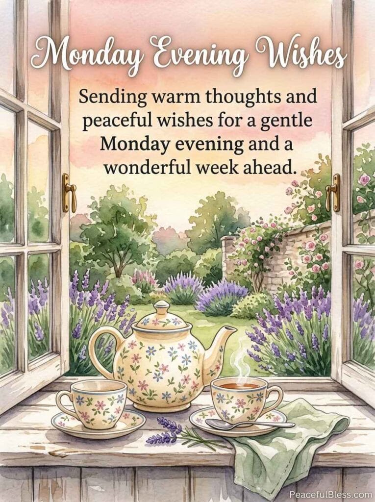 A lighthearted watercolor painting of a glowing cottage tea setting under a soft sunset sky on a Monday evening.