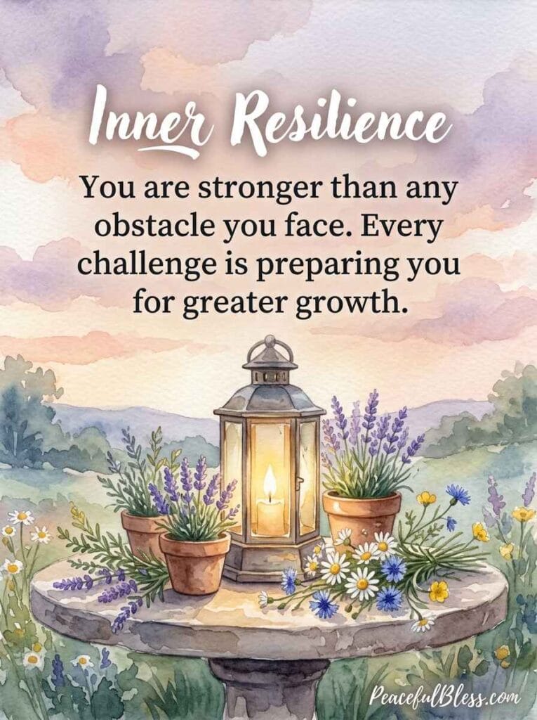 A deeply peaceful watercolor illustration of a rustic lantern burning brightly on a stone porch surrounded by lavender during a gentle sunset.