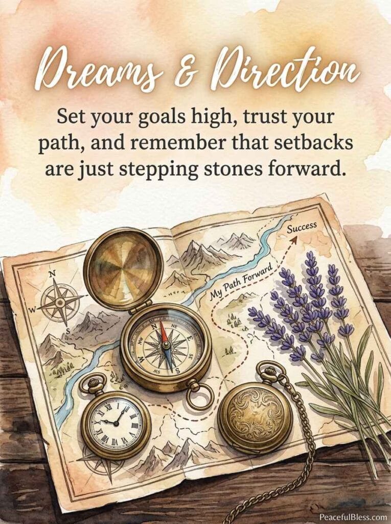 A watercolor illustration of a compass resting on a vintage map beside dried lavender and a pocket watch on an oak desk.