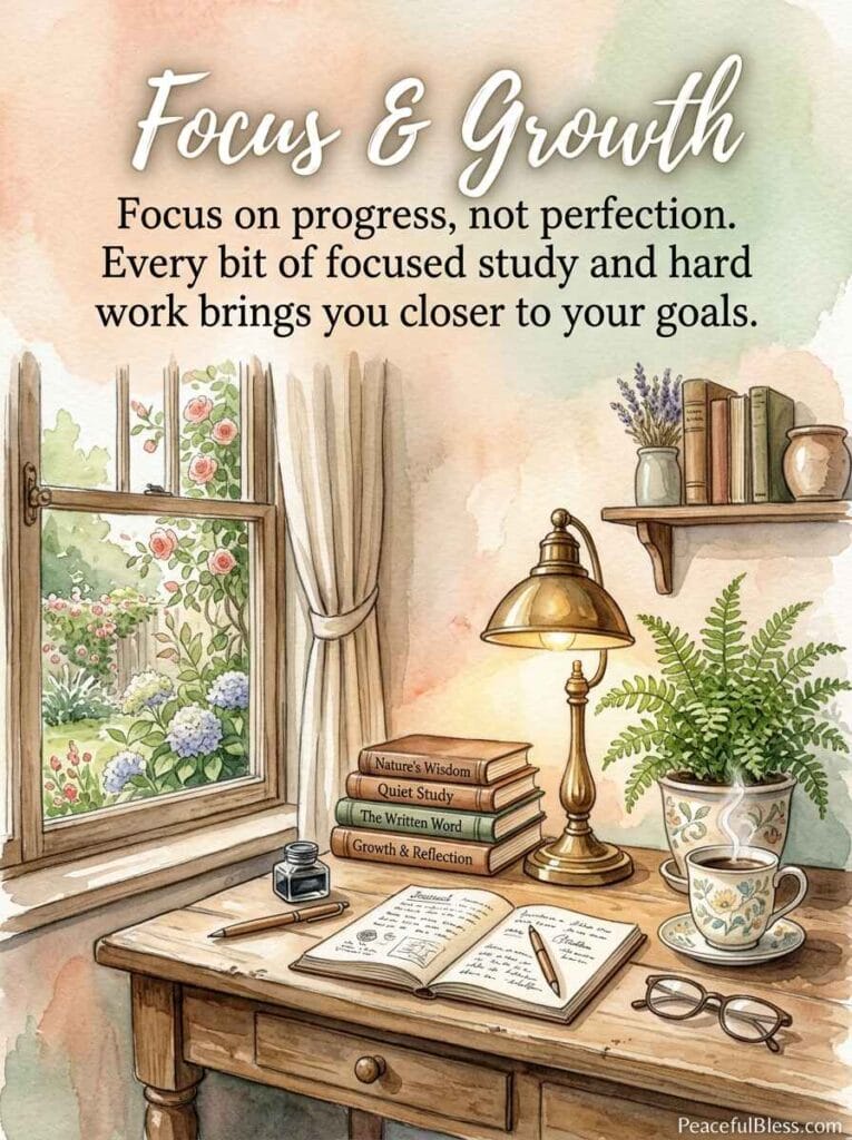 A cozy watercolor illustration of a neat study desk with stacked books, a desk lamp, a steaming mug, and a small potted plant under warm light.