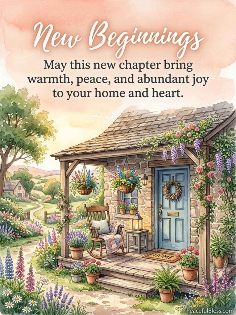 A heartwarming watercolor painting of a cottage porch with a rocking chair, flower baskets, and a glowing lantern.