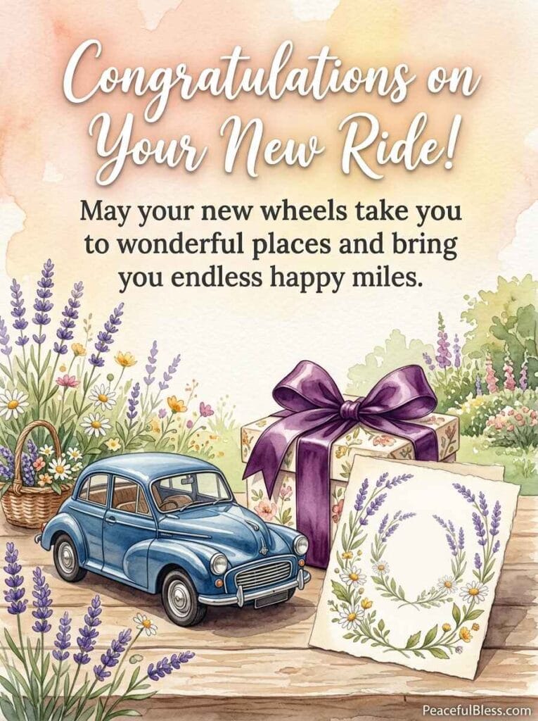 A cheerful watercolor illustration of a gift box, a red car bow, and a congratulatory card resting on a wooden surface.