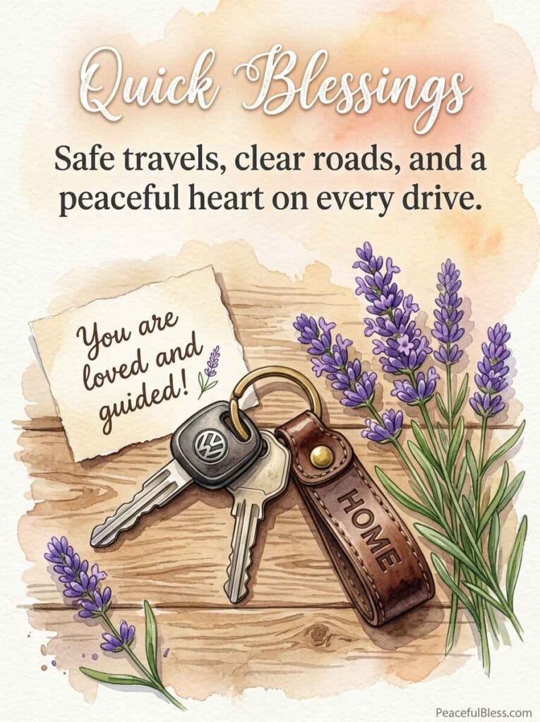 A reassuring watercolor image of a family car driving along a peaceful coastal road protected by soft golden evening sunlight.