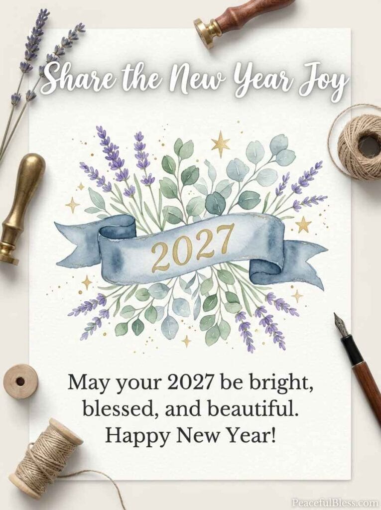 A clean watercolor flat lay of a decorative '2027' ribbon banner surrounded by lavender and gold glitter accents.