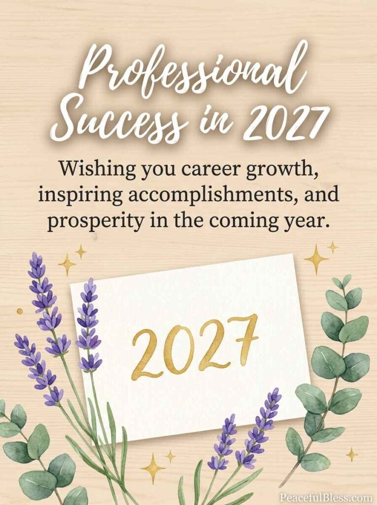 A clean watercolor flat lay of a 2027 calendar card framed by eucalyptus and lavender sprigs on light wood.