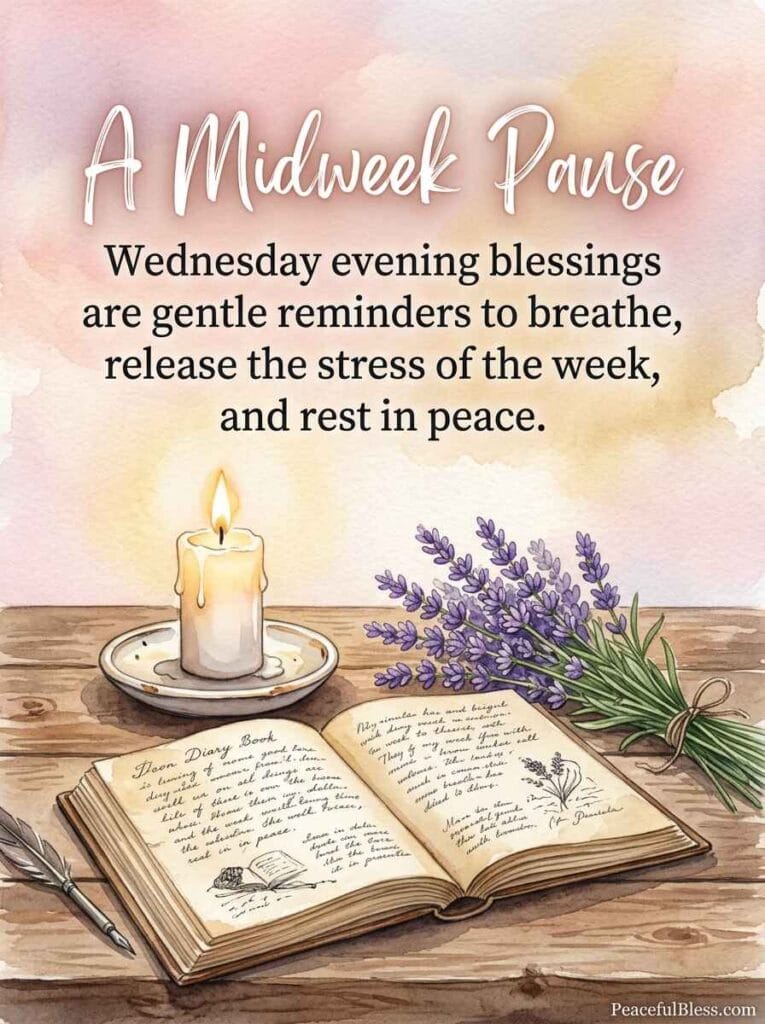 A delicate watercolor painting of an open vintage book, a lit candle, and lavender sprigs on a table under a pastel peach and pink sky.