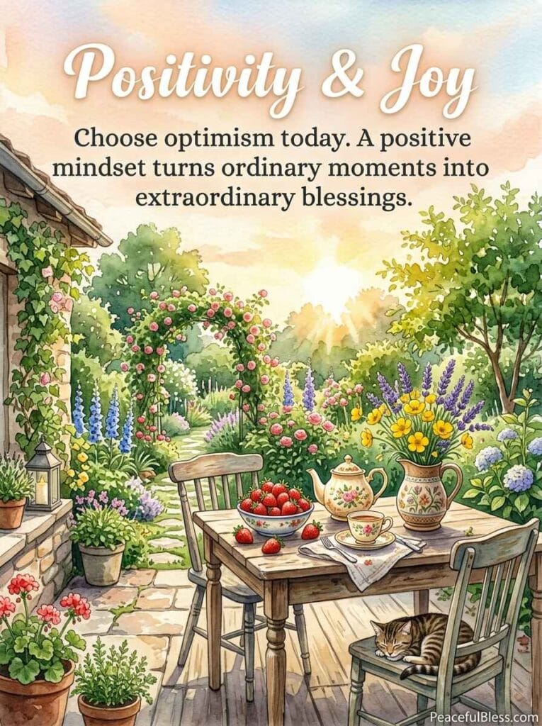 A lighthearted watercolor painting of a charming garden patio setup with fresh berries, tea, and blooming wildflowers under bright morning sunlight.