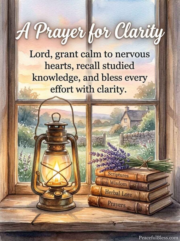 A peaceful watercolor illustration of a lighted glass lantern sitting on stacked vintage books beside a window looking out at sunrise.