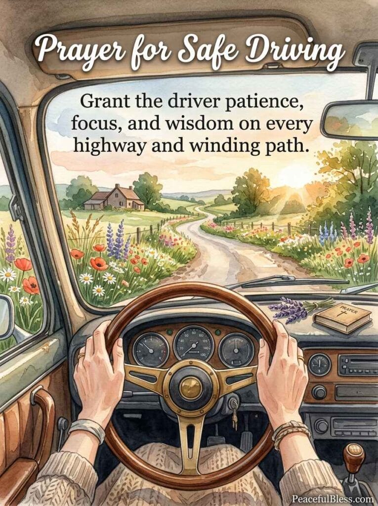A peaceful watercolor illustration of hands resting on a steering wheel with soft golden sunlight streaming through the windshield.