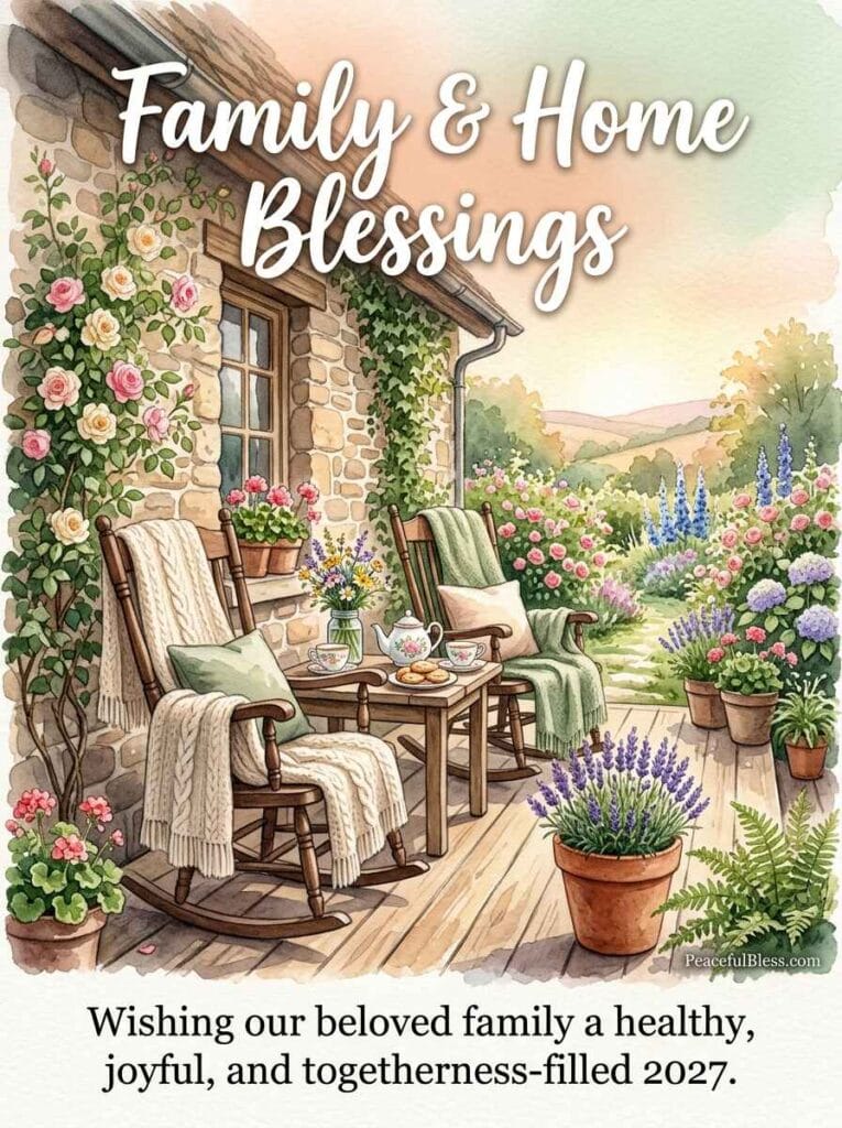 A dreamy watercolor painting of two cozy chairs on a stone terrace overlooking a lavender field at golden sunset.