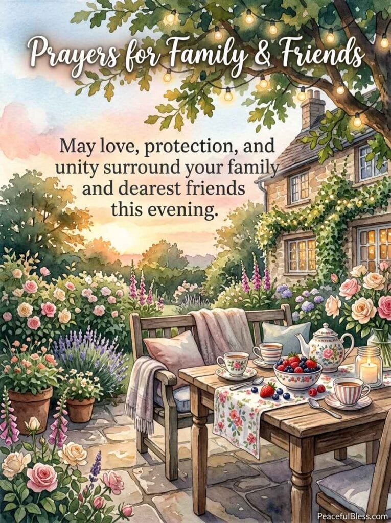A lighthearted watercolor painting of a charming garden tea setup with mismatched teacups under a soft peach sunset sky.