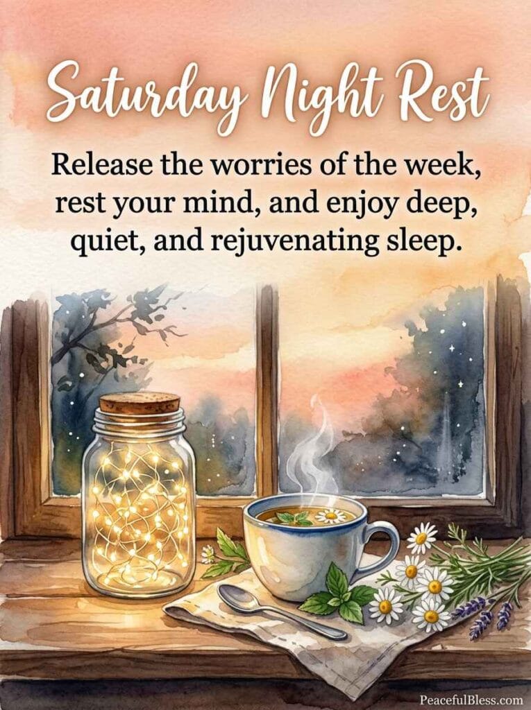 A romantic cottagecore watercolor painting of two warm mugs and lavender sprigs on a windowsill facing a peach twilight sky.