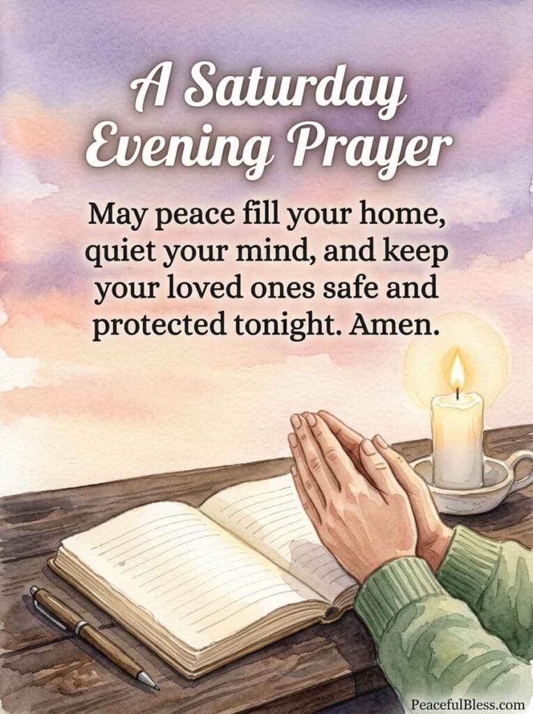 A deeply peaceful watercolor illustration of folded hands beside an open journal and a glowing candle under a pastel twilight sky.