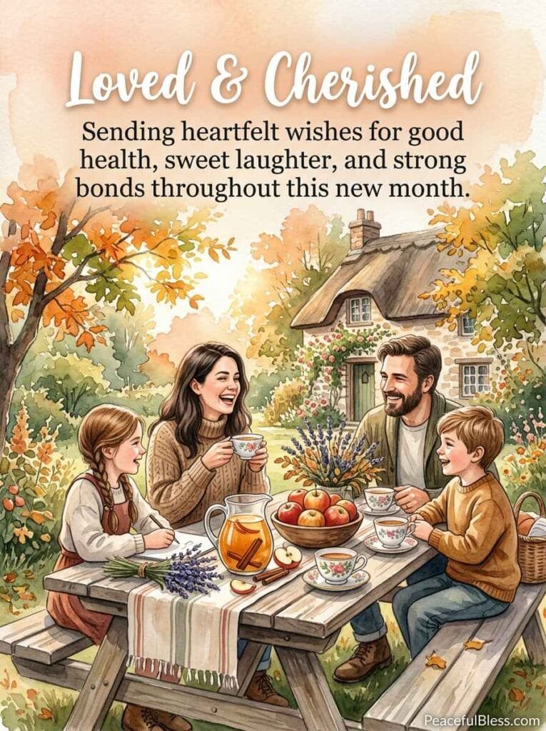 A heartwarming watercolor image of a picnic table set with teacups, fresh apples, and lavender under soft autumn sunlight.