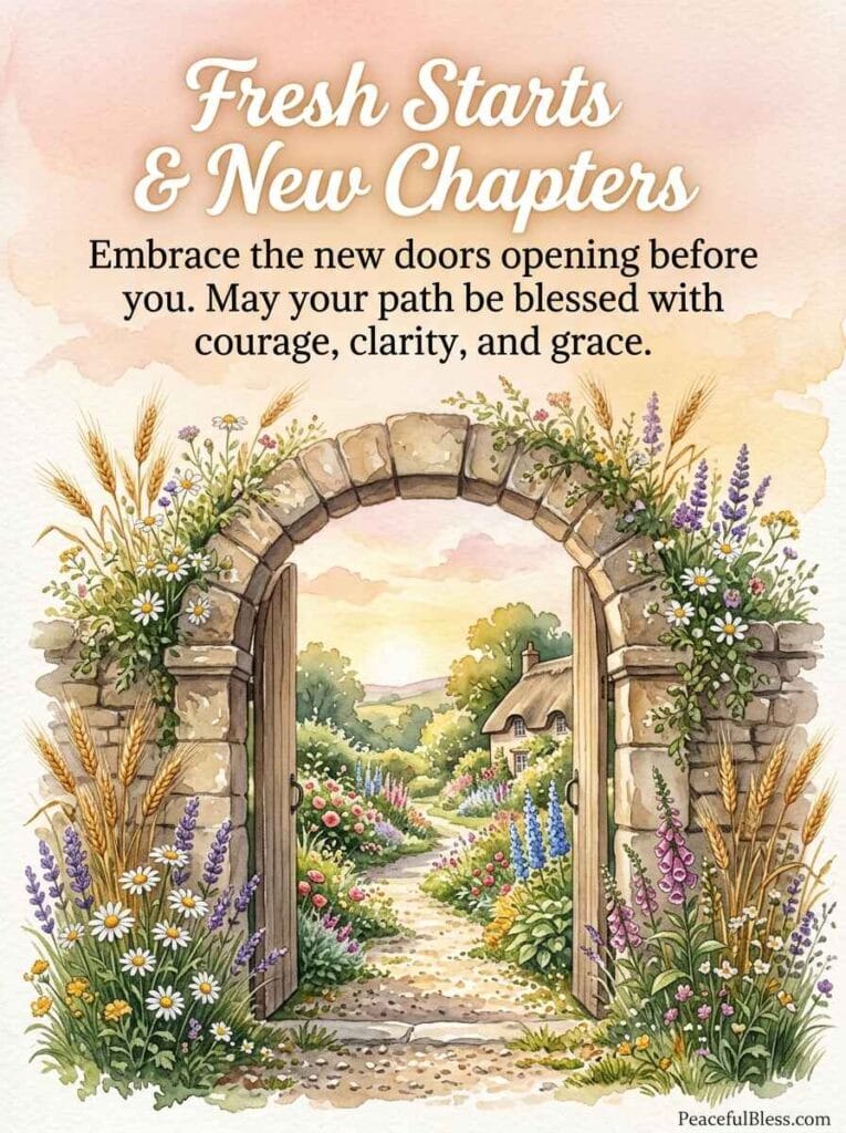 A serene watercolor painting of an open stone garden archway flanked by golden wheat and lavender leading to an autumn meadow at dawn.