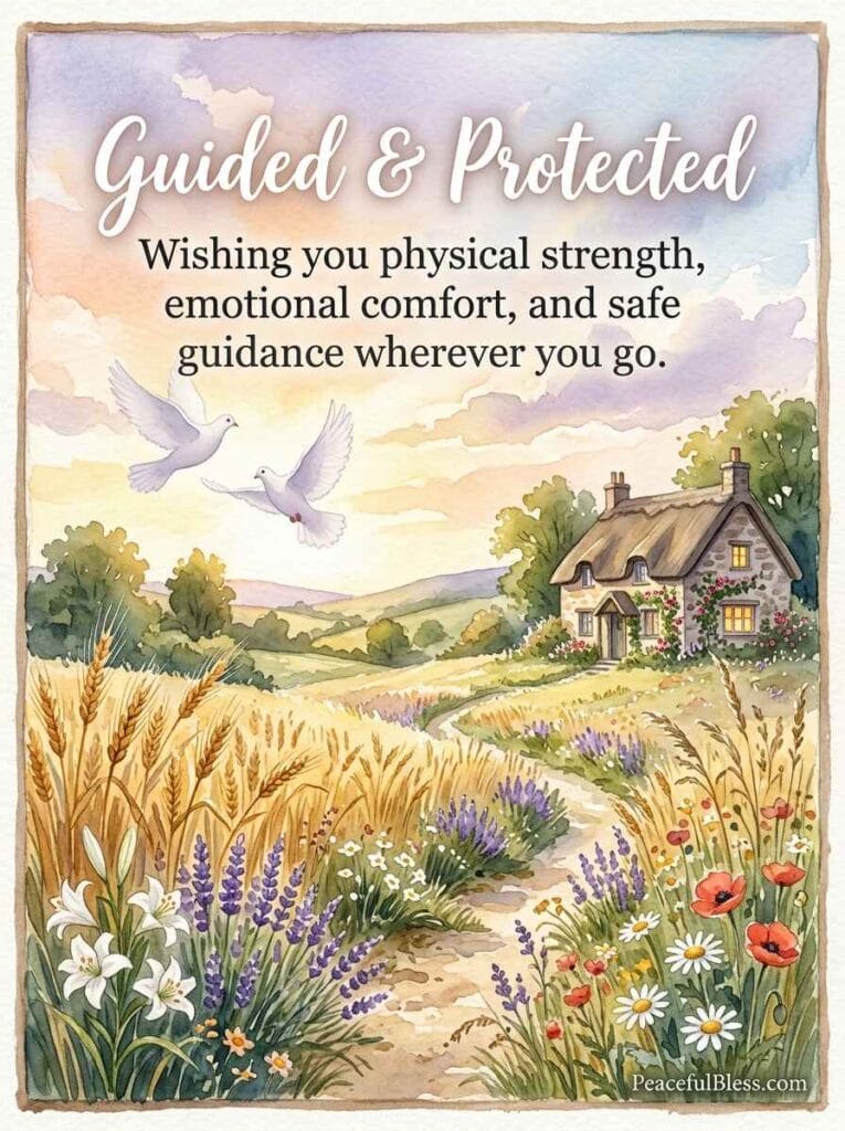 A serene watercolor painting of two white dove silhouettes flying over a blooming meadow with golden wheat and lavender at sunrise.