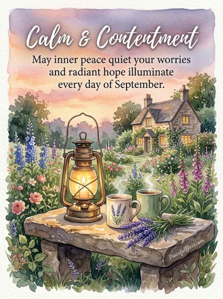 A comforting watercolor painting of a glowing lantern, two warm ceramic mugs, and lavender on a stone porch at twilight.