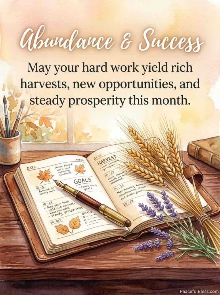 A sturdy watercolor image of a leather-bound planner, golden coins, a brass pen, and wheat stalks on an oak desk.