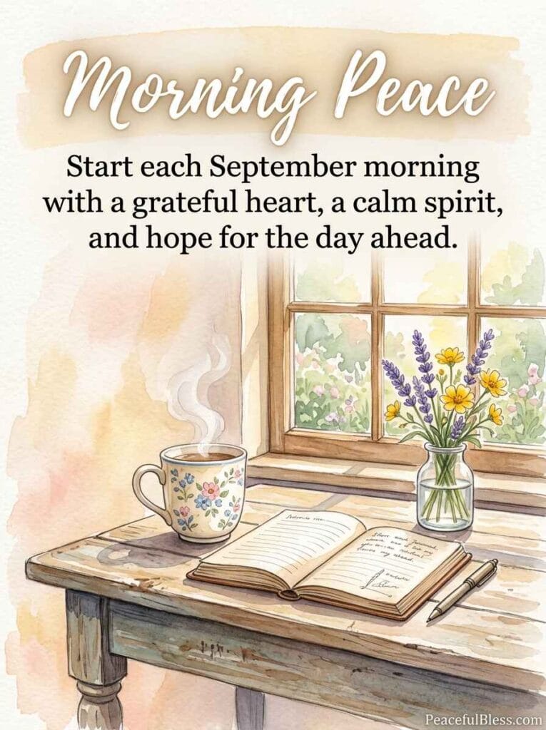 A cozy cottagecore watercolor illustration of a sunny breakfast table with a ceramic coffee mug, journal, and lavender in morning light.